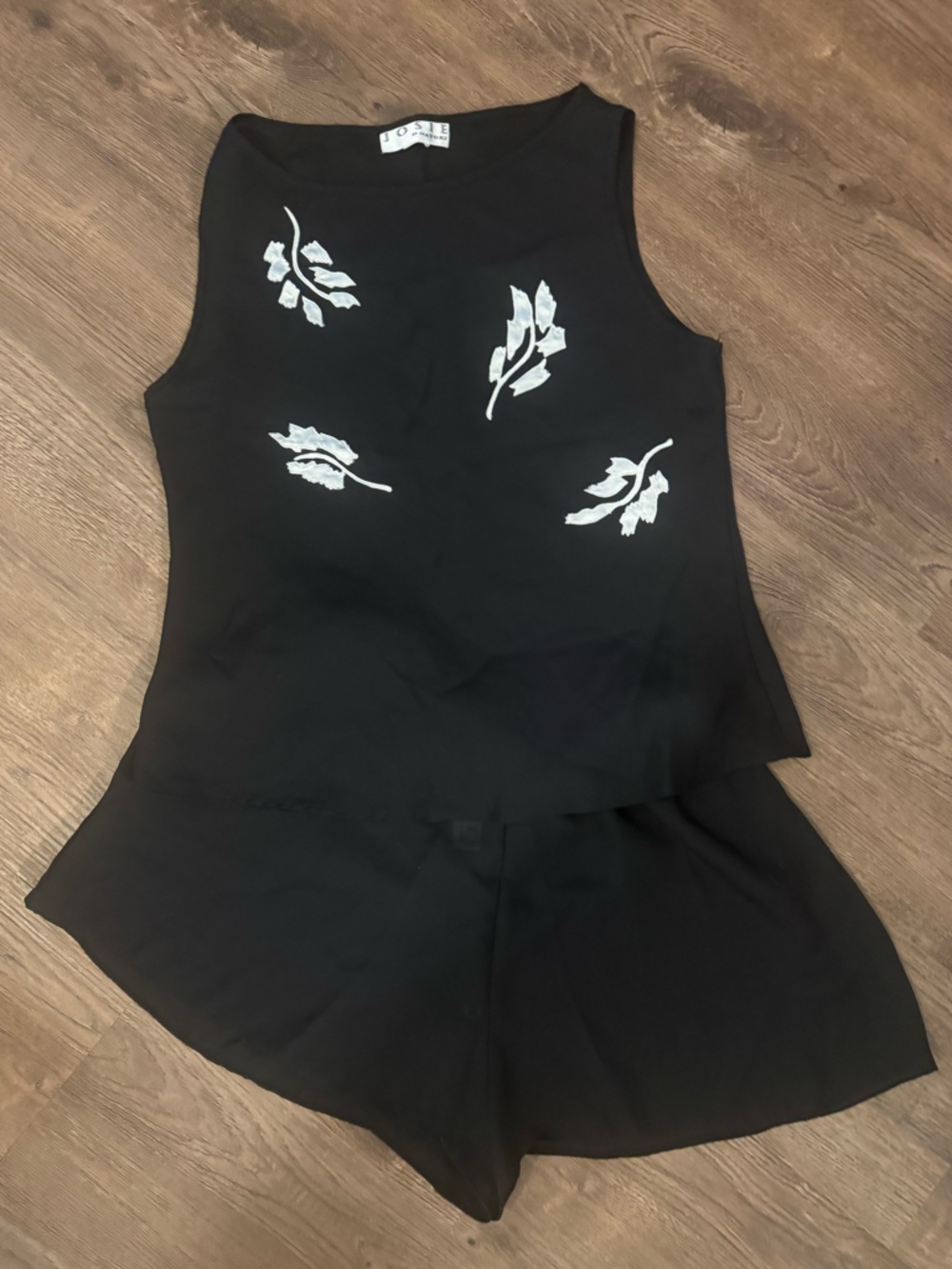 Natori Black Pajama Shorts Set with White Leaf Embroidery